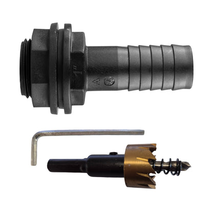 1" BSPM Tank Connector with Washer, Nut & 1" Barb – Includes Drill Bit