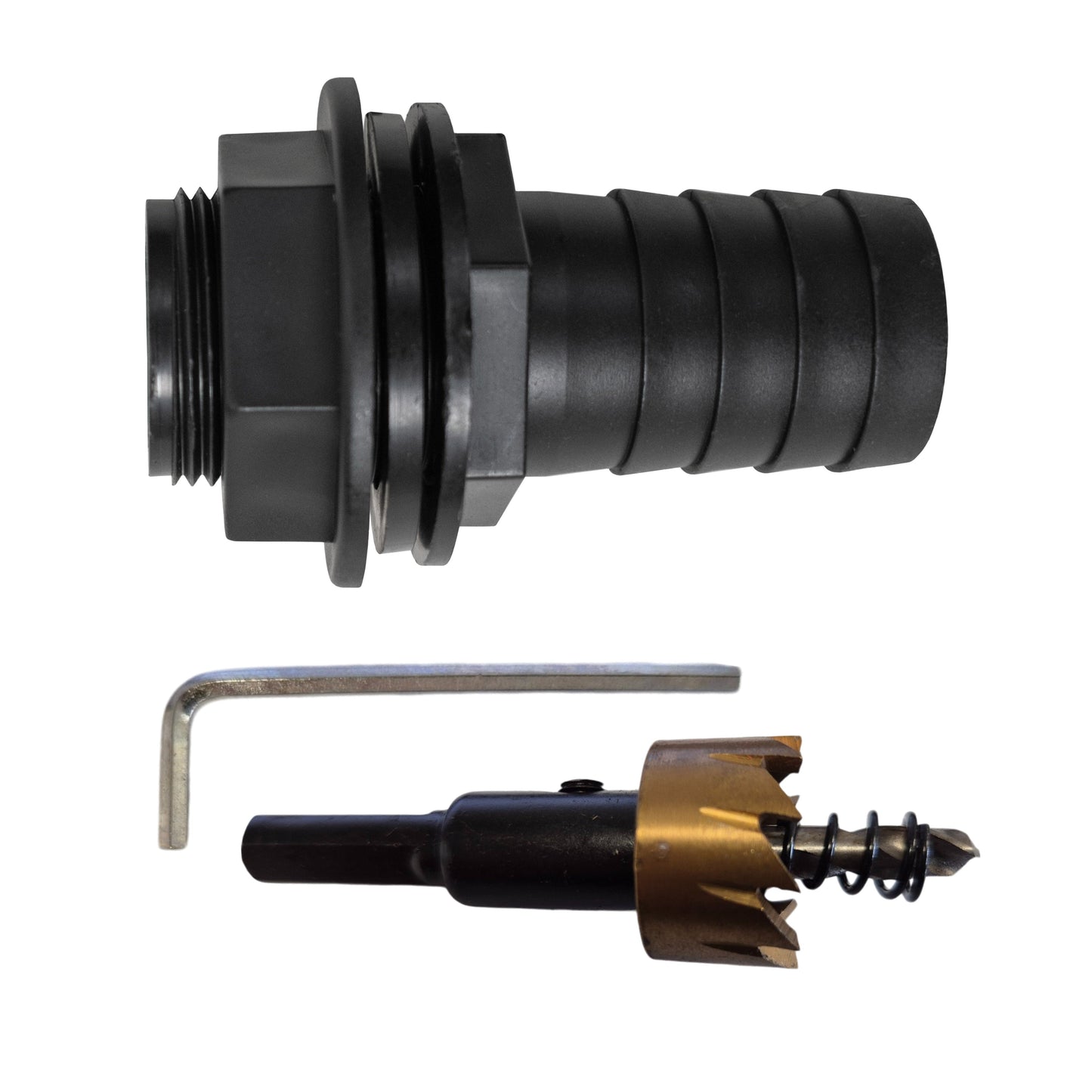 3/4" BSPM Tank Connector with Washer & 1" Barb Outlet – Includes Drill Bit