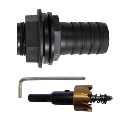 3/4" BSPM Tank Connector with Washer & 1" Barb Outlet – Includes Drill Bit