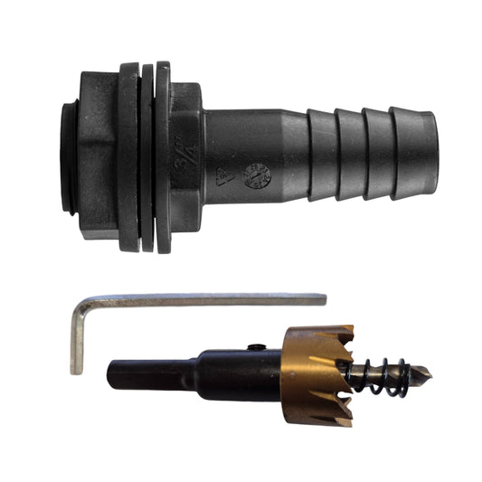 3/4" BSPM Tank Connector with Washer, Nut & 3/4" Barb – Includes Drill Bit