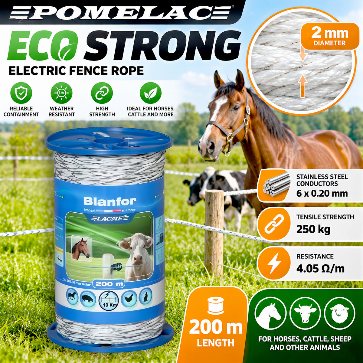 LACME BLANFOR Electric Fence Wire 200m 2mm Horse Cattle Livestock Fencing
