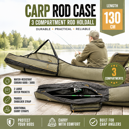 CARP 3 Compartment Rod Holdall 130cm Fishing Rod Case Bag Waterproof Codura
