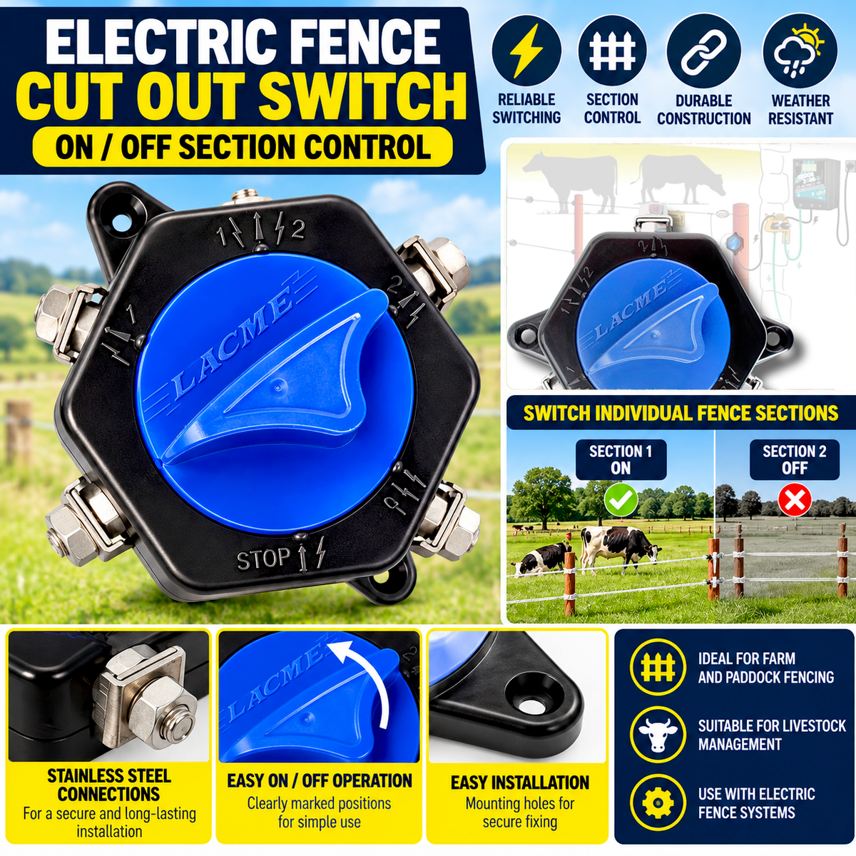 Electric Fence Cut Out Switch 4 Way Isolator On Off Farm Fencing
