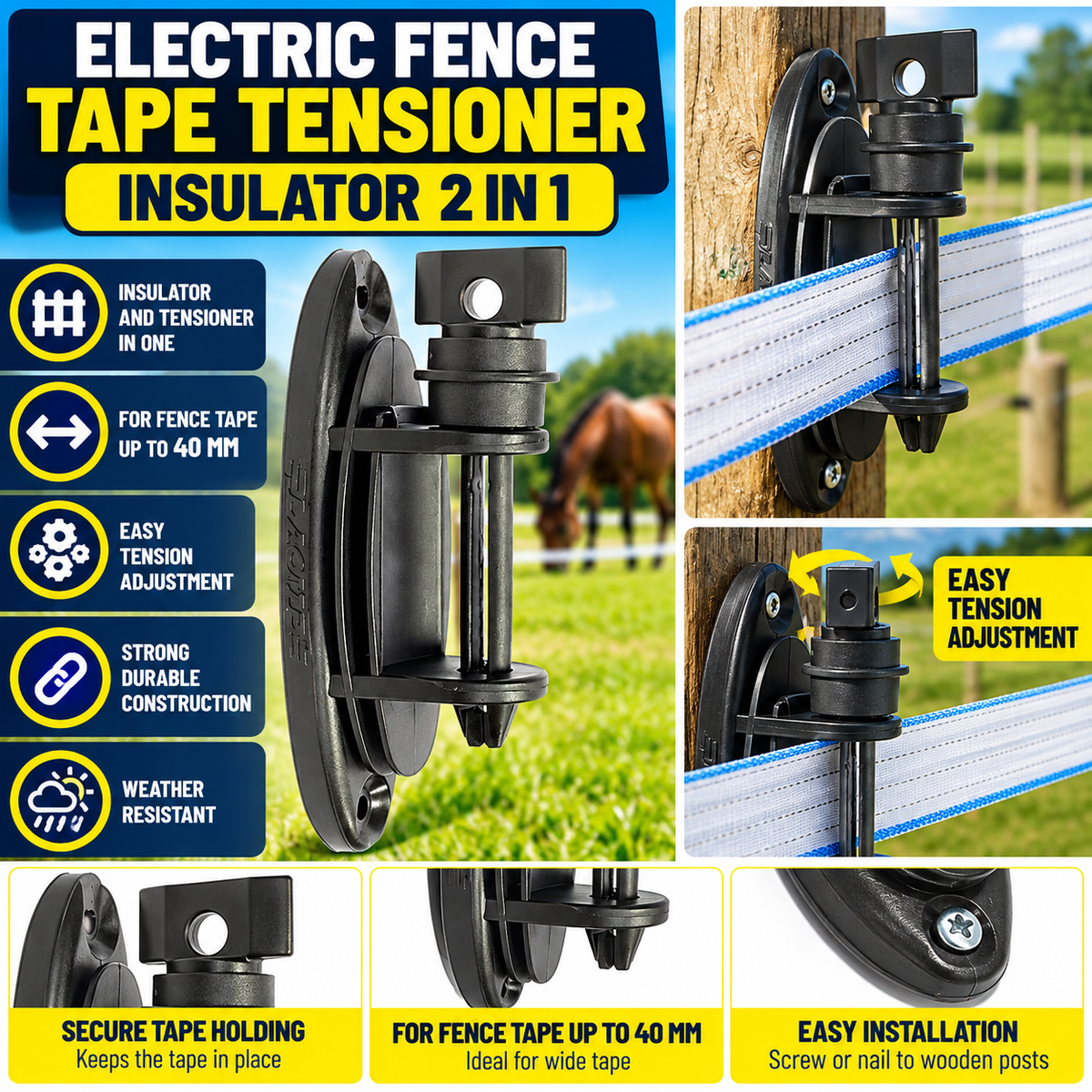 Electric Fence Tape Insulator Tensioner 2 in 1 Up to 40mm Farm Fencing