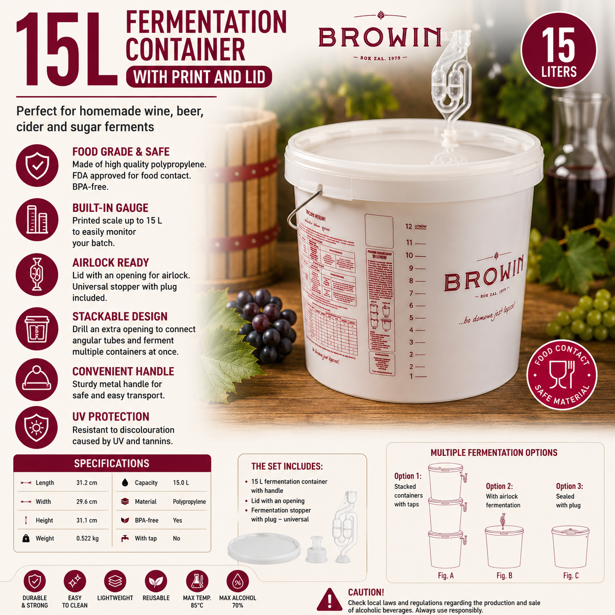 15L Fermentation Bucket with Lid Food Grade Beer Wine Home Brew Container
