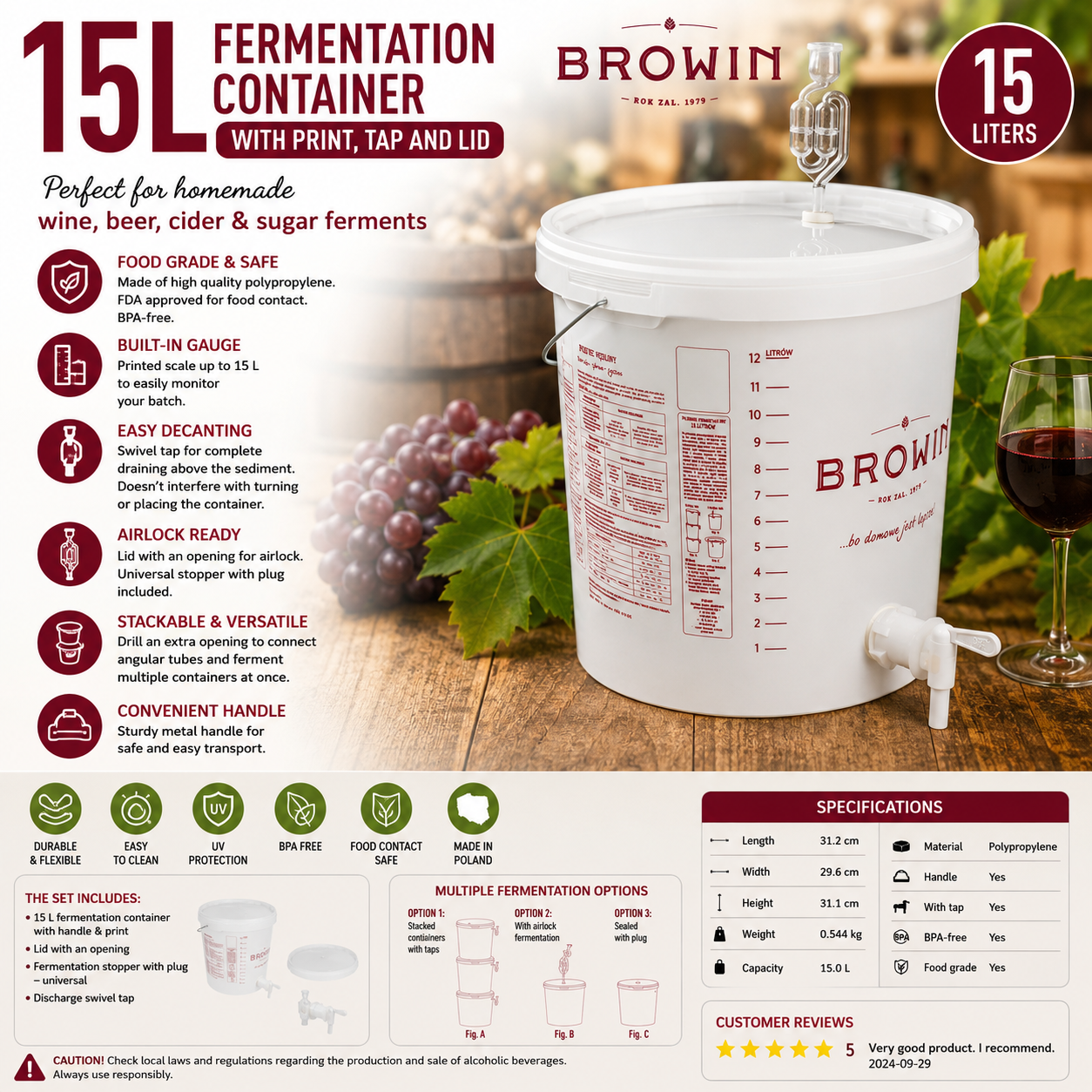 Biowin 15L Fermentation Container with Tap Lid Food Grade Home Brew Brewing Bucket