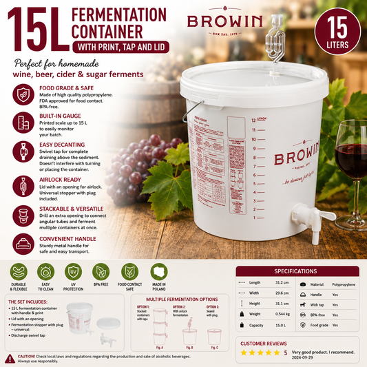 Biowin 15L Fermentation Container with Tap Lid Food Grade Home Brew Brewing Bucket