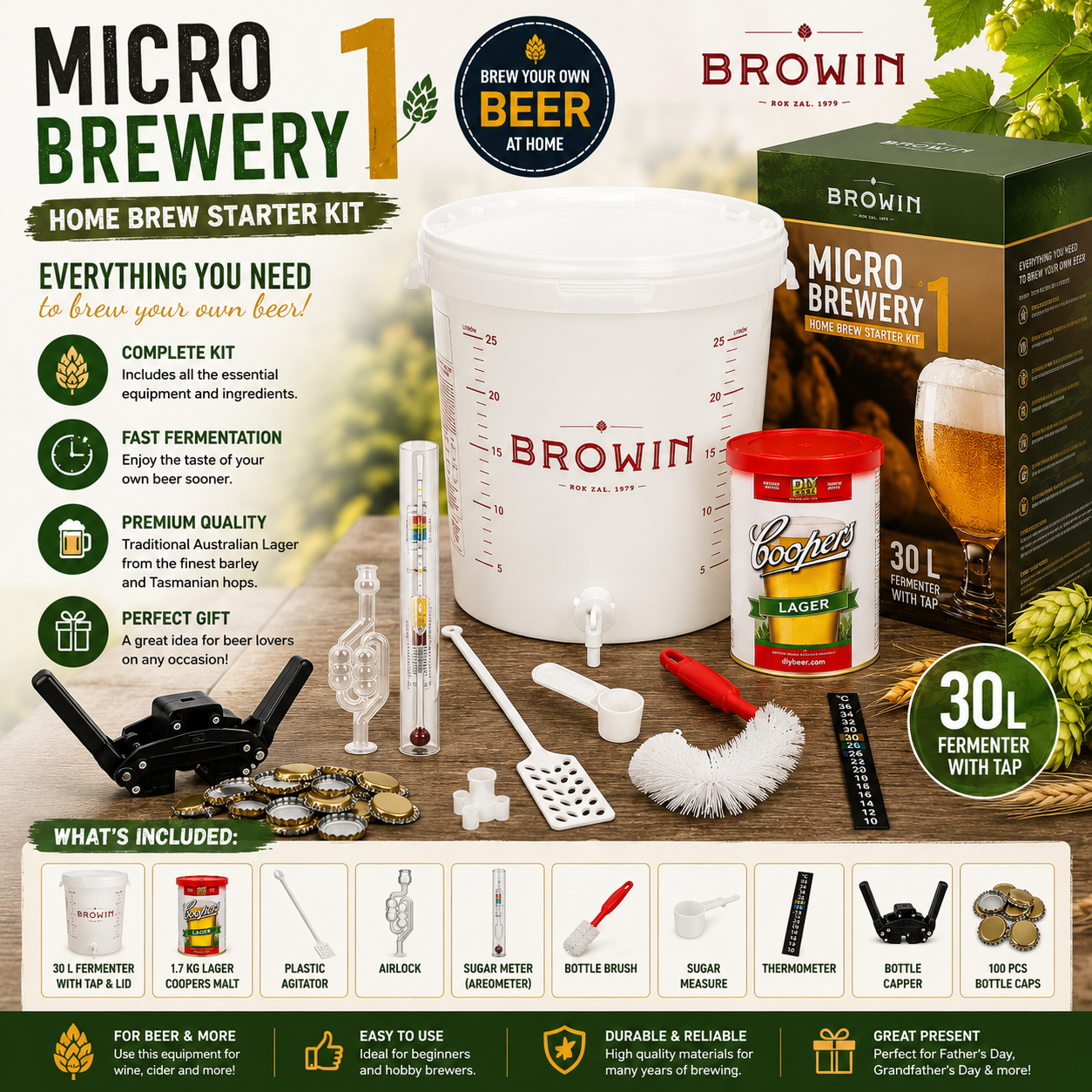Premium Home Brew Beer Kit 30L Complete Brewing Set with Coopers Lager Malt