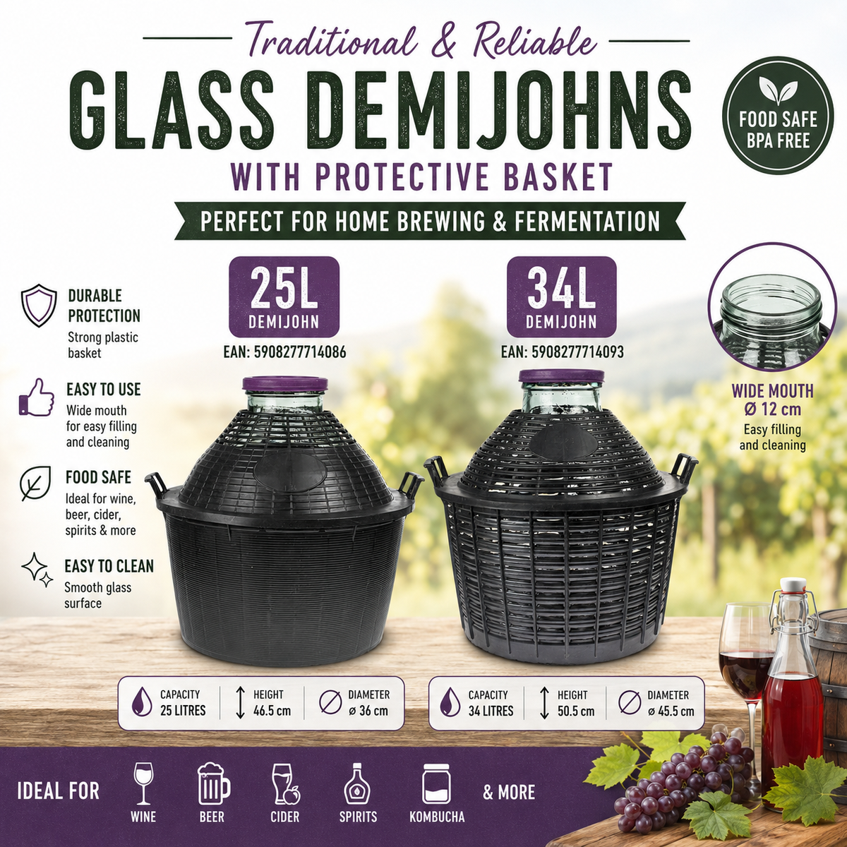 Glass Demijohn 10/15/20/25/34L Wide Neck Wine Beer Fermentation with Basket