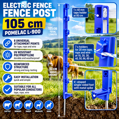 Electric Fence Post 105cm BLUE Heavy Duty Plastic Stake 8 Clips Metal Spike
