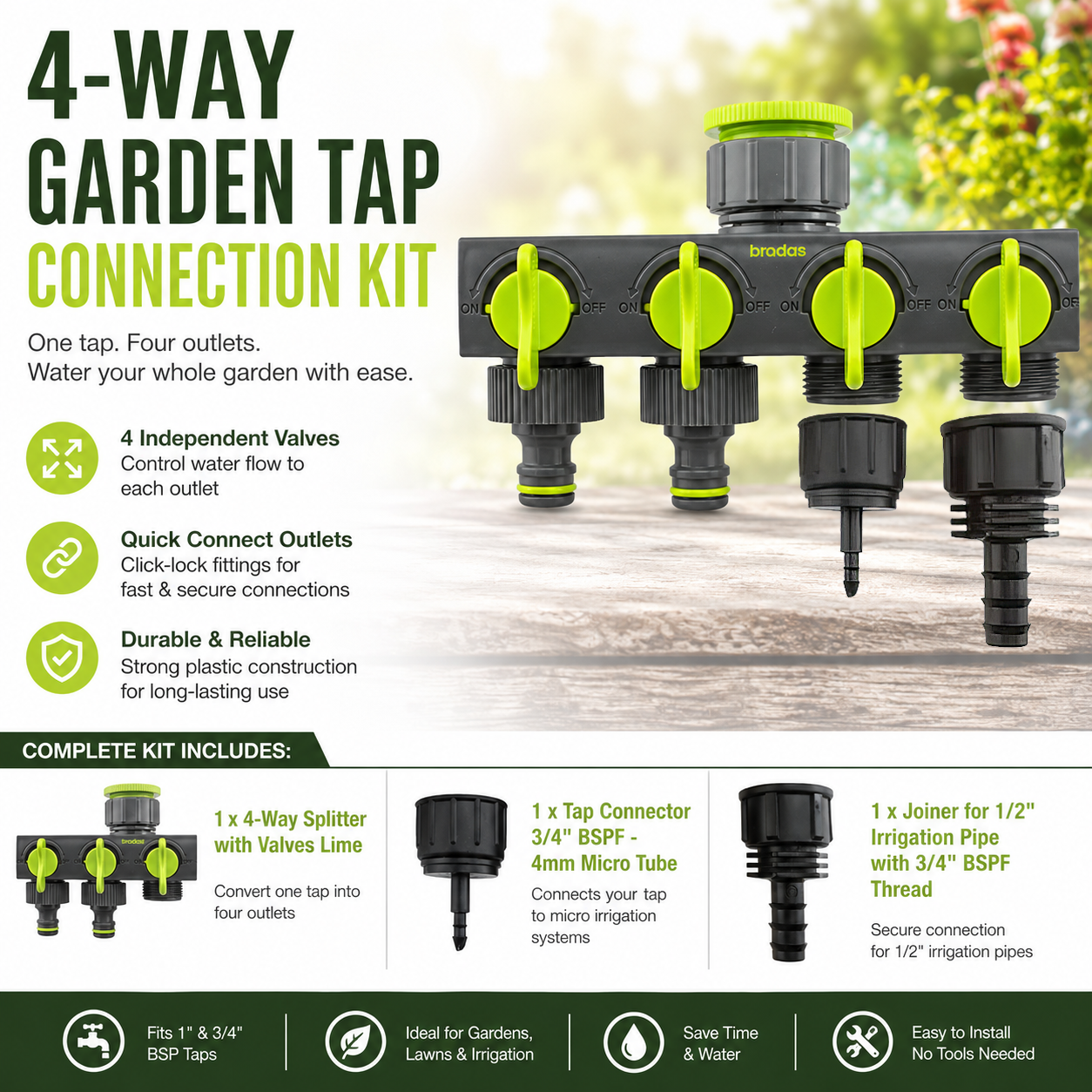 4 Outlet Garden Tap Splitter with Valves Micro Tube & Pipe Connector Kit