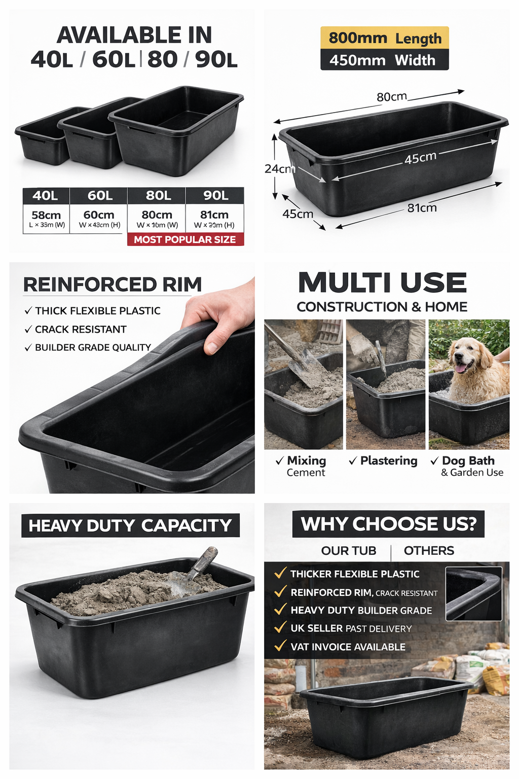 Firewood Storage Tub Log Holder Heavy Duty Plastic Builder Bucket 40/60/80/90L