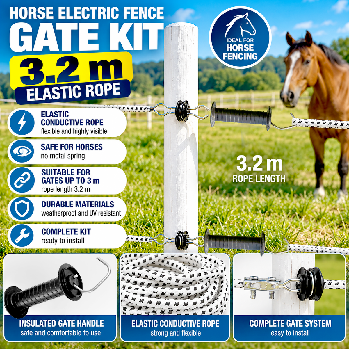 Horse Electric Fence Gate Kit 3.2m BLACK Handle Elastic Rope Paddock Fencing