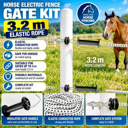 Horse Electric Fence Gate Kit 3.2m BLACK Handle Elastic Rope Paddock Fencing