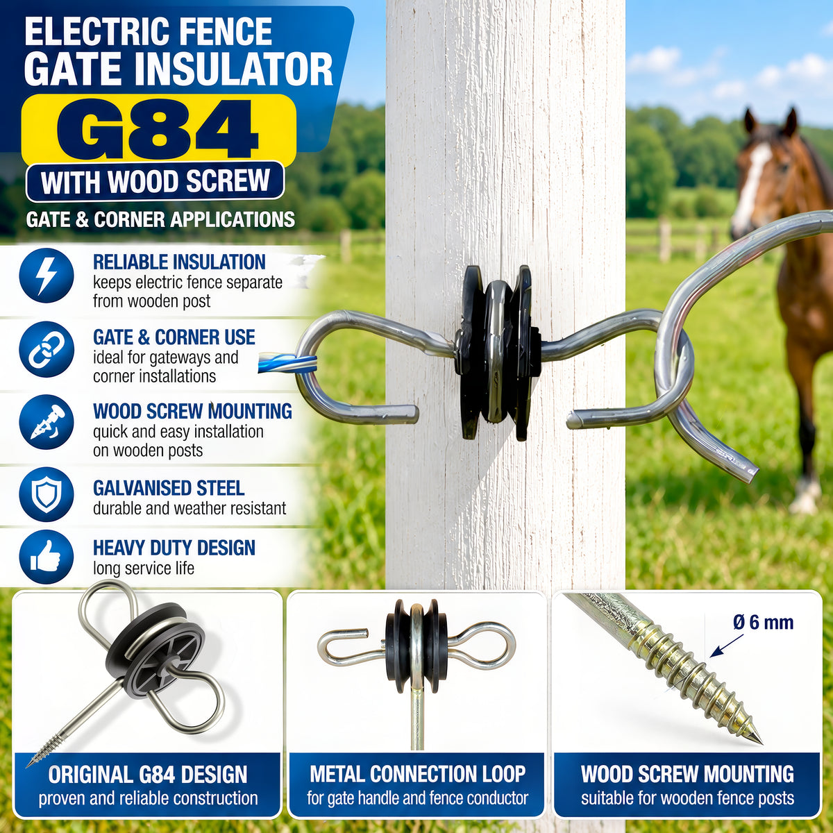 Electric Fence Gate Insulator G84 Wood Screw Heavy Duty Horse Paddock Fencing