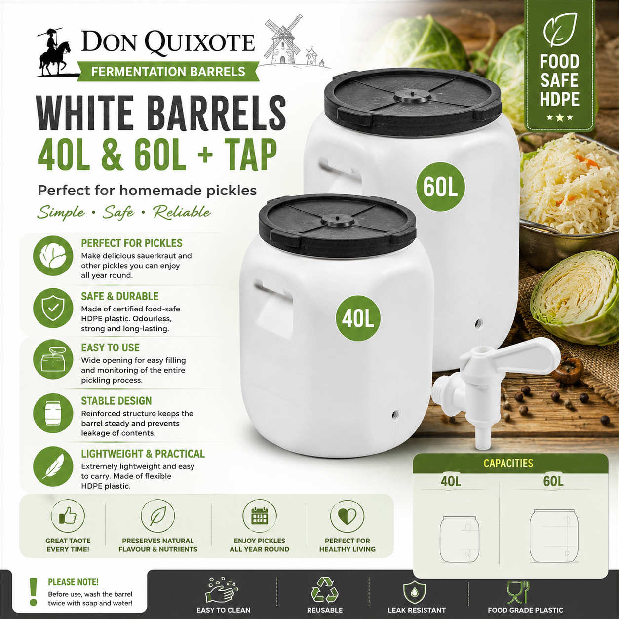 40L 60L Food Grade Fermentation Barrel with Tap White Pickling Sauerkraut Container