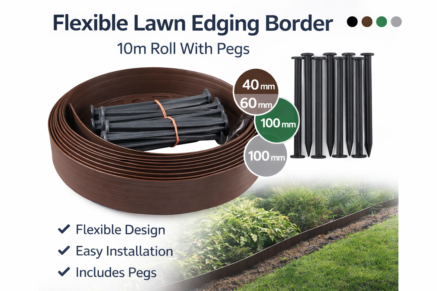 Flexible Lawn Edging Border Roll 10m Garden Grass Edge 40-100mm With Pegs