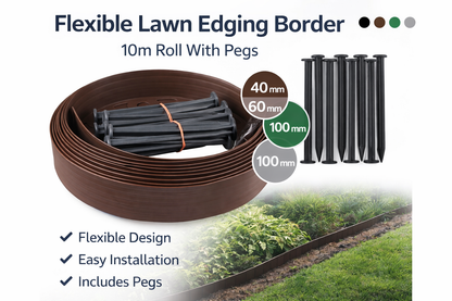 Flexible Lawn Edging Border Roll 10m Garden Grass Edge 40-100mm With Pegs
