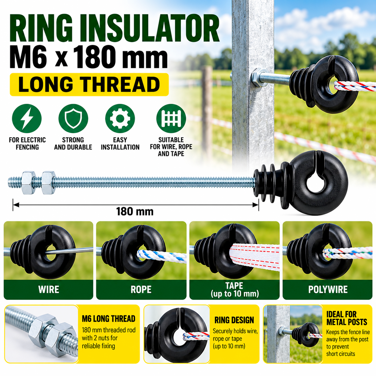 Ring Insulator M6 x 180mm Long Thread Electric Fence Wire Rope Tape Holder for Metal Posts