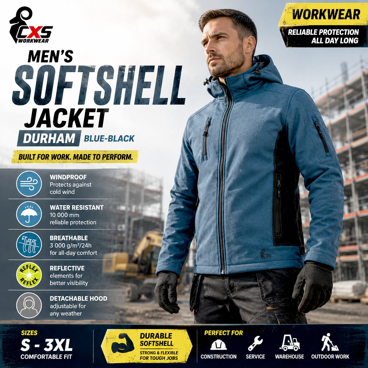 CXS Durham Mens Softshell Work Jacket Waterproof Windproof Hooded Blue Black S-3XL