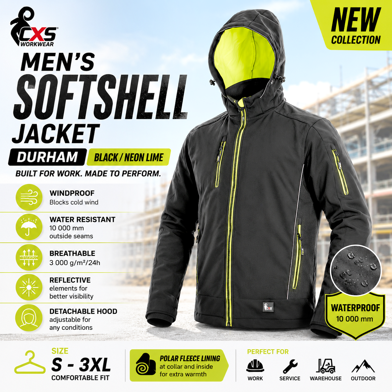 CXS Durham Mens Softshell Work JACKET Waterproof Windproof Hooded Black Yellow