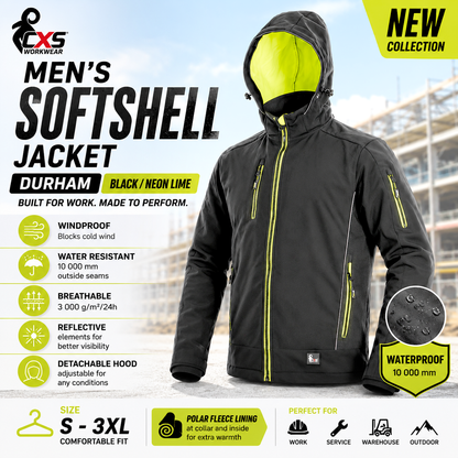 CXS Durham Mens Softshell Work JACKET Waterproof Windproof Hooded Black Yellow