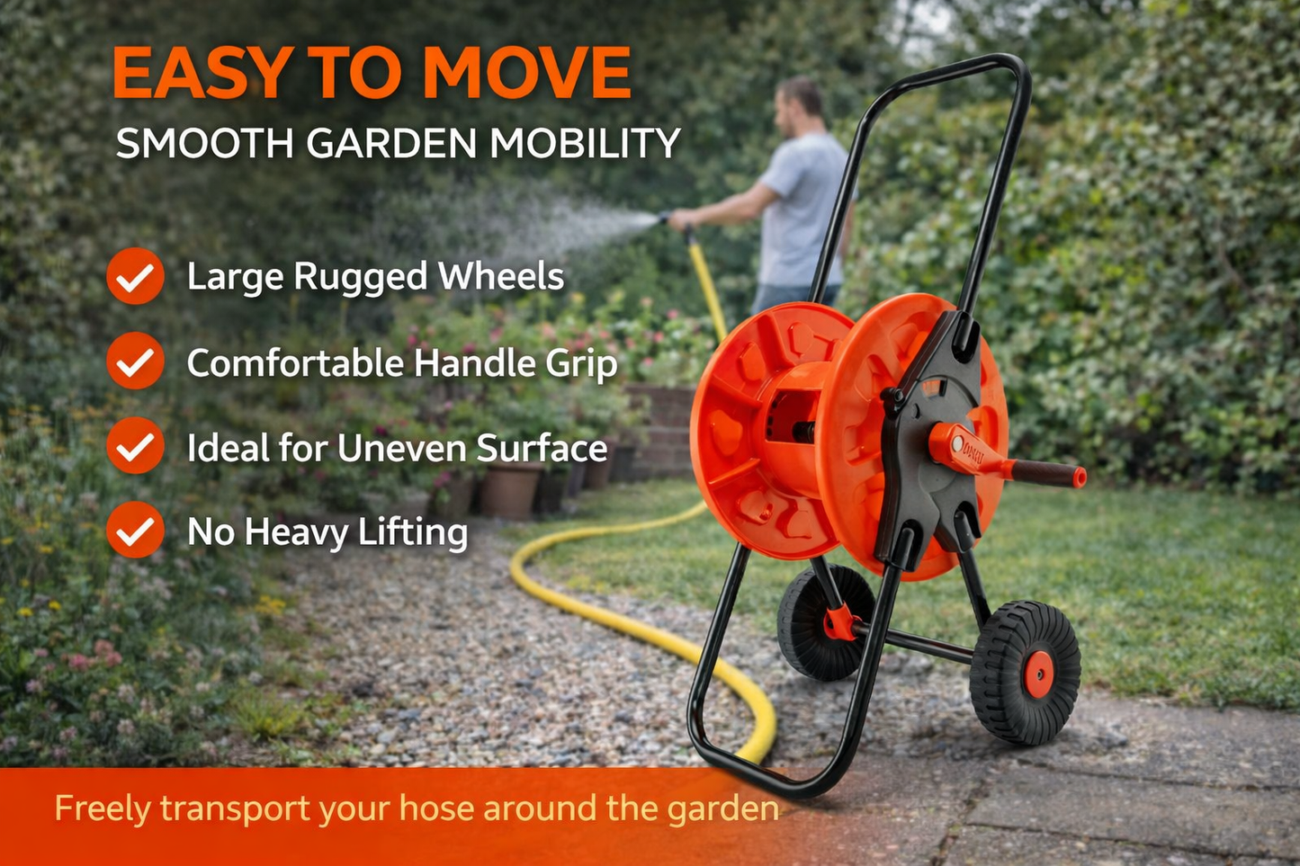 Garden Hose Reel Cart with Wheels 45m 50m 60m Heavy Duty Trolley Easy Move