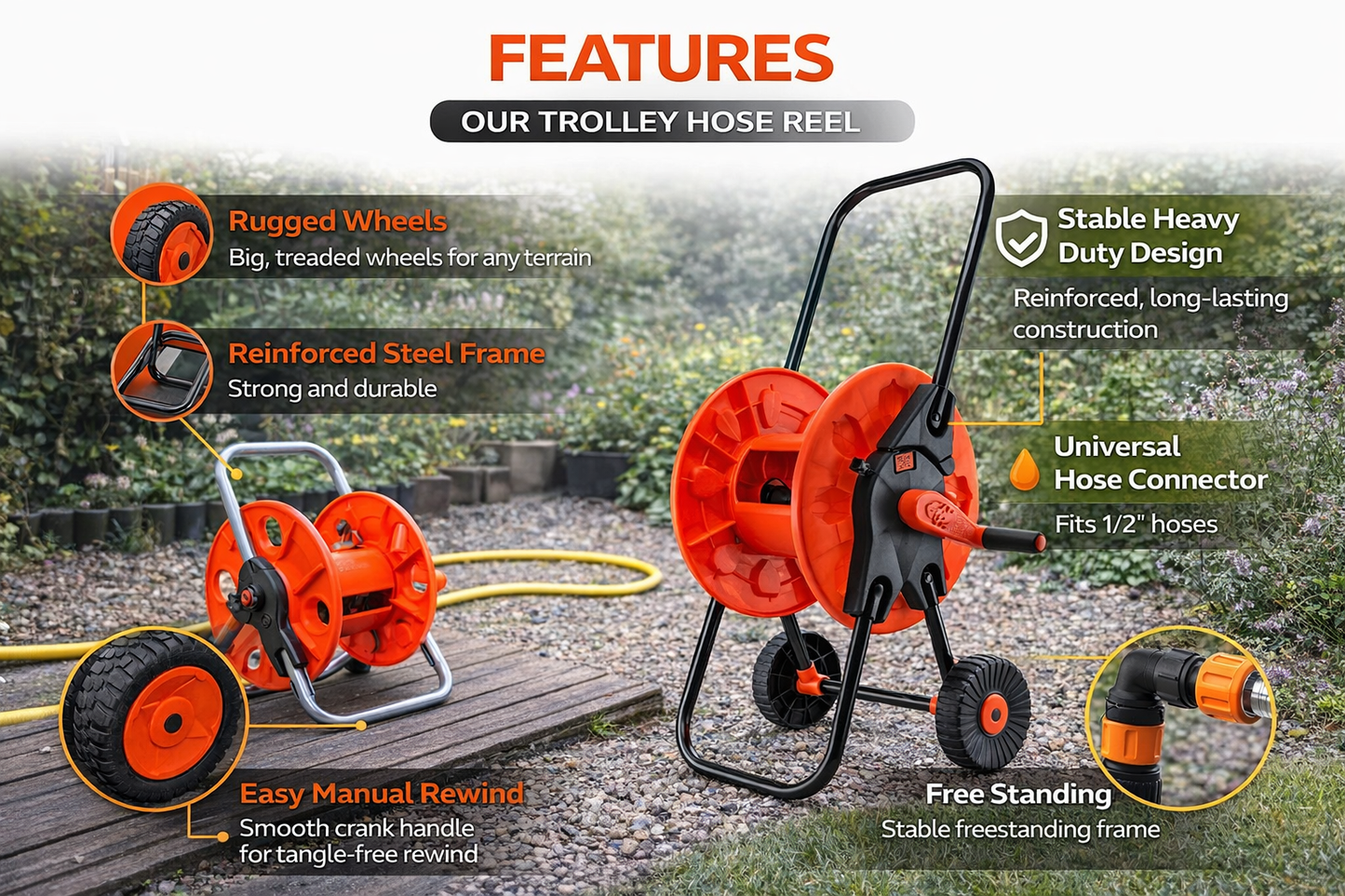 Garden Hose Reel Cart with Wheels 45m 50m 60m Heavy Duty Trolley Easy Move