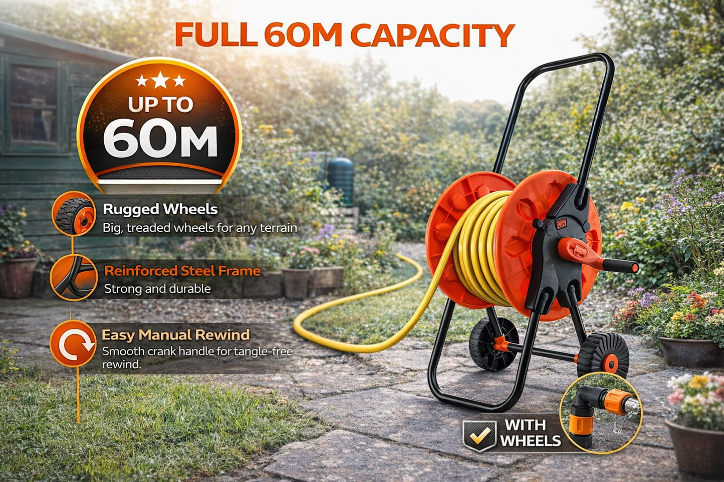 Garden Hose Reel Cart with Wheels 45m 50m 60m Heavy Duty Trolley Easy Move