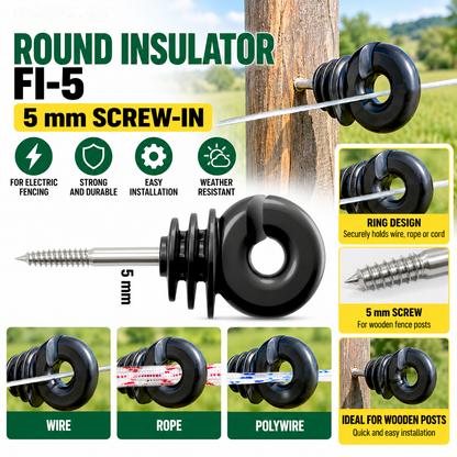 Black Ring Insulator FI5 5mm Screw In Electric Fence Wire Rope Holder for Wooden Fence Posts