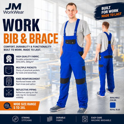 Mens Bib & Brace Work Overalls Heavy Duty Work Trousers Reinforced Knees Multi Pocket