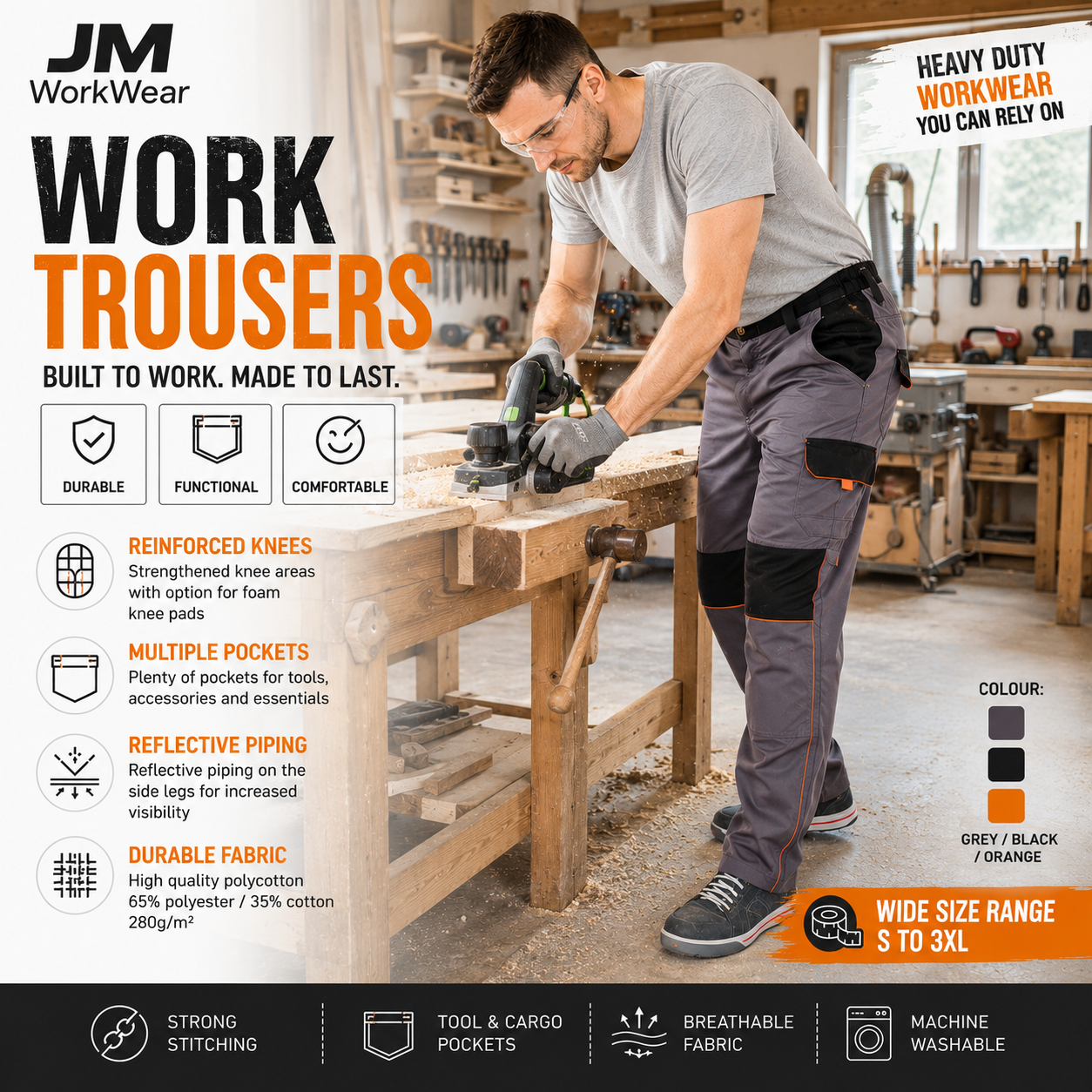 JM WorkWear Work TROUSERS Durable Poly Cotton Construction Trousers Grey Black Orange
