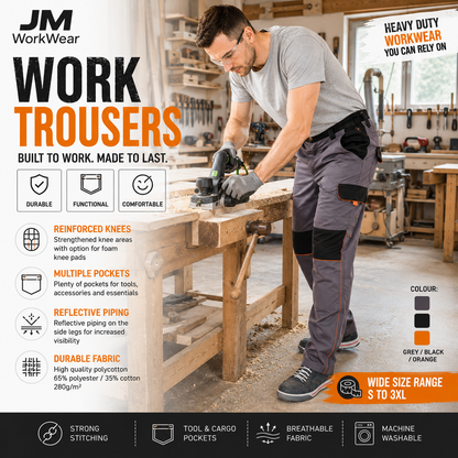 JM WorkWear Work TROUSERS Durable Poly Cotton Construction Trousers Grey Black Orange