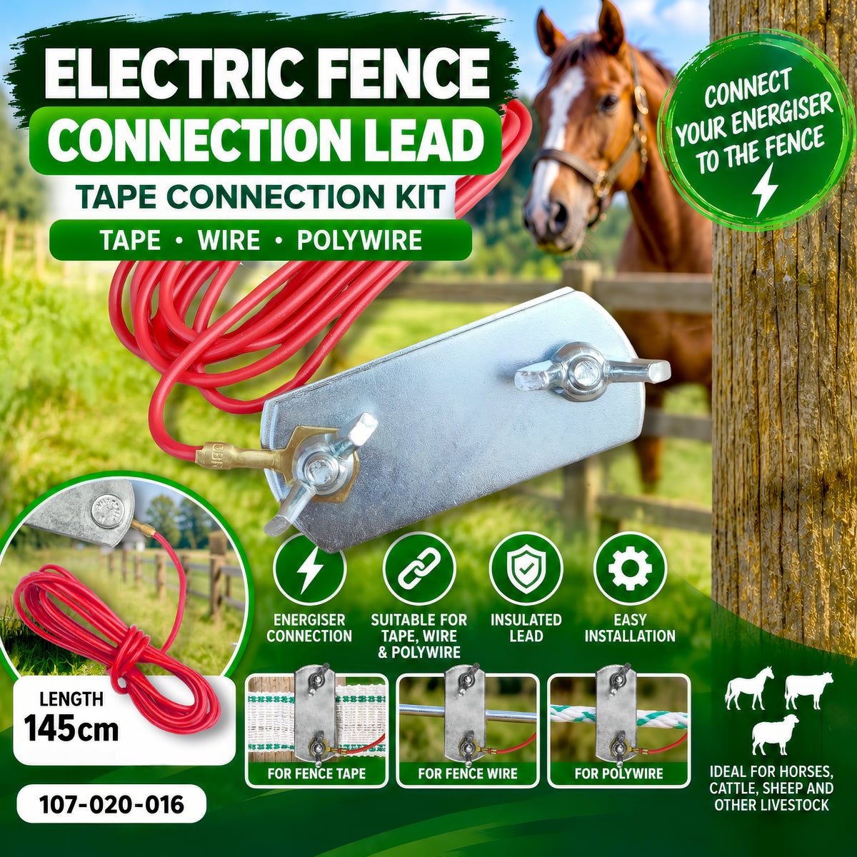 Electric Fence Connection Lead 145cm Tape Wire Polywire Energiser Connector
