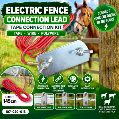 Electric Fence Connection Lead 145cm Tape Wire Polywire Energiser Connector