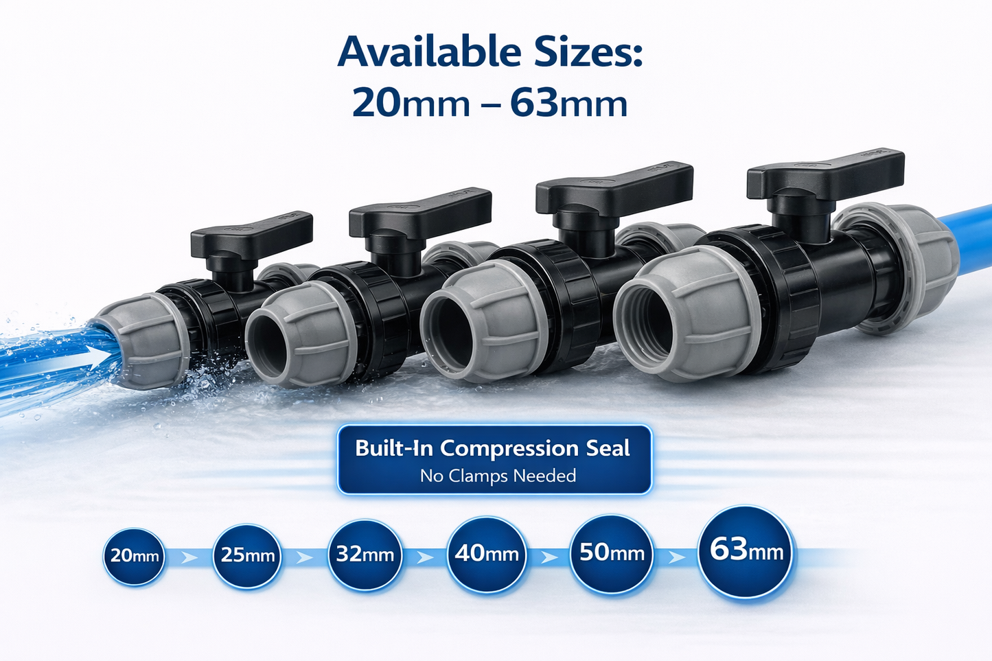 MDPE Stop Tap Valve Compression Pipe Connector Water 20mm-63mm