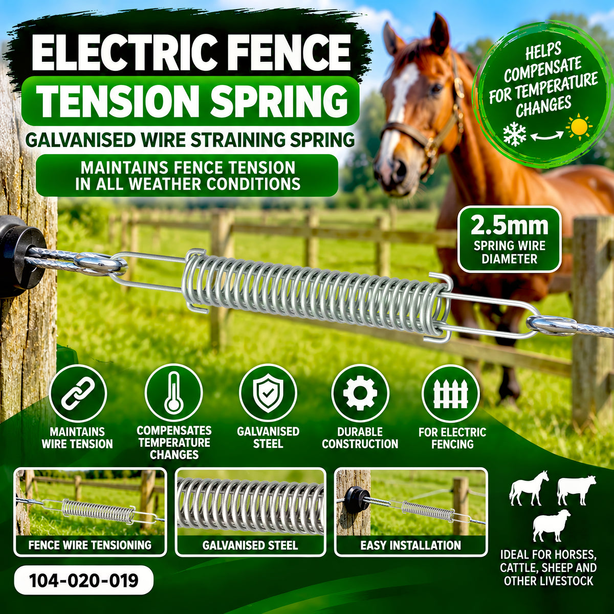 Electric Fence Wire Tension Spring 2.5mm Galvanised Steel for Horse Paddock