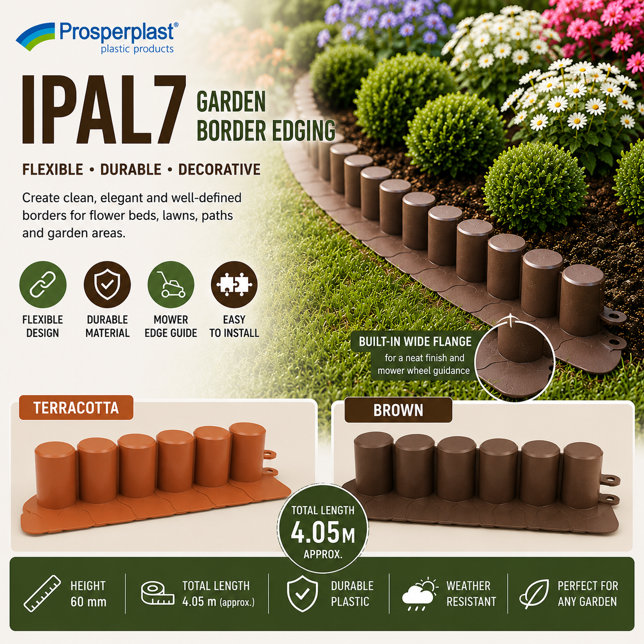 Garden Border Edging 4.05m Flexible Lawn Edge Flower Bed Plastic IPAL7 Brown Terracotta