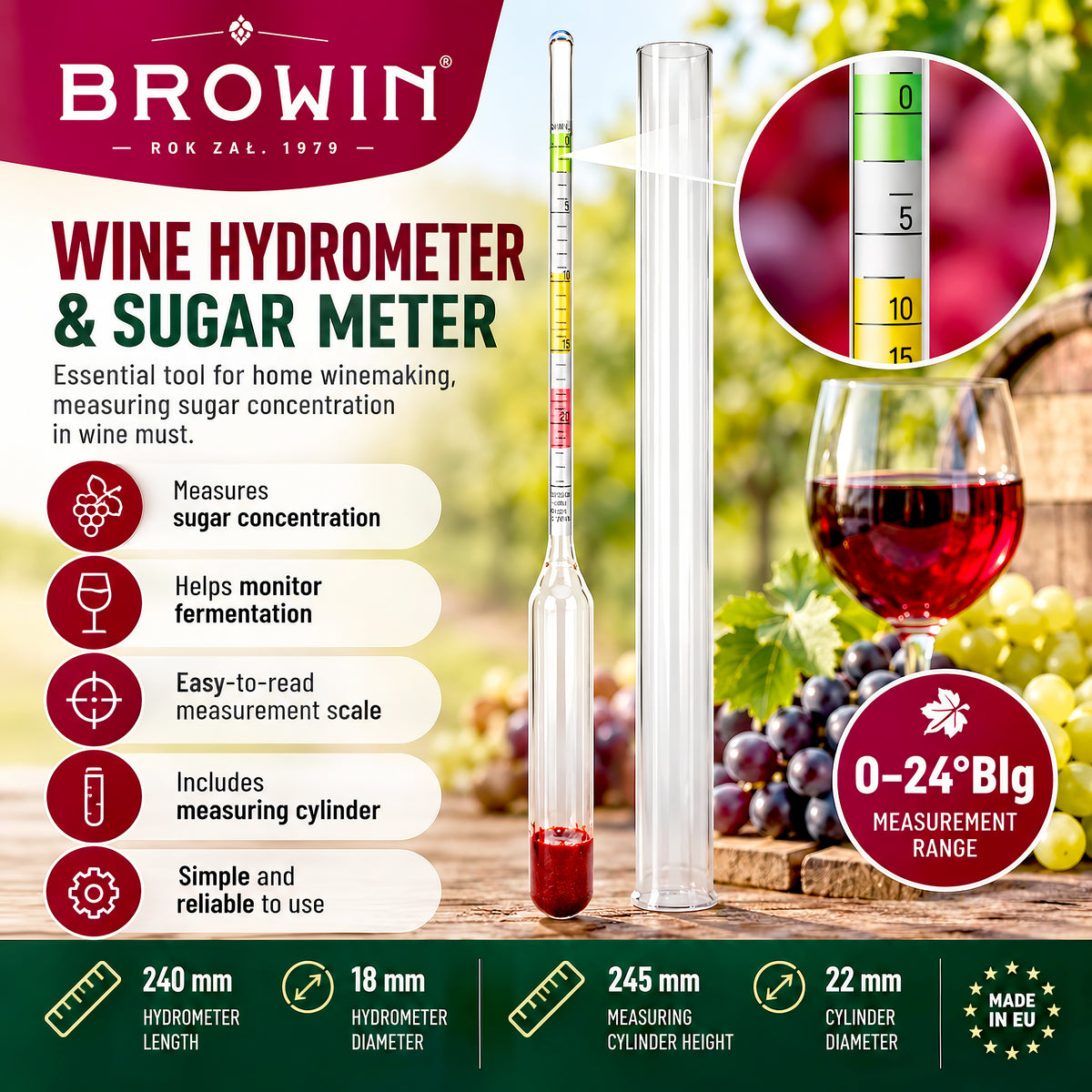 Wine Hydrometer Sugar Meter 0-24 Brix Home Brewing Wine Making Test Kit
