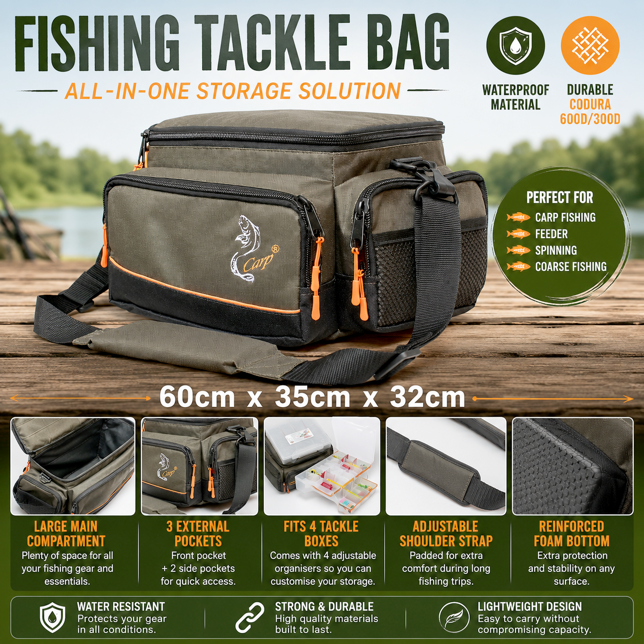 Fishing Tackle Bag Large Waterproof Carryall Carp Feeder Lure Storage - 600D