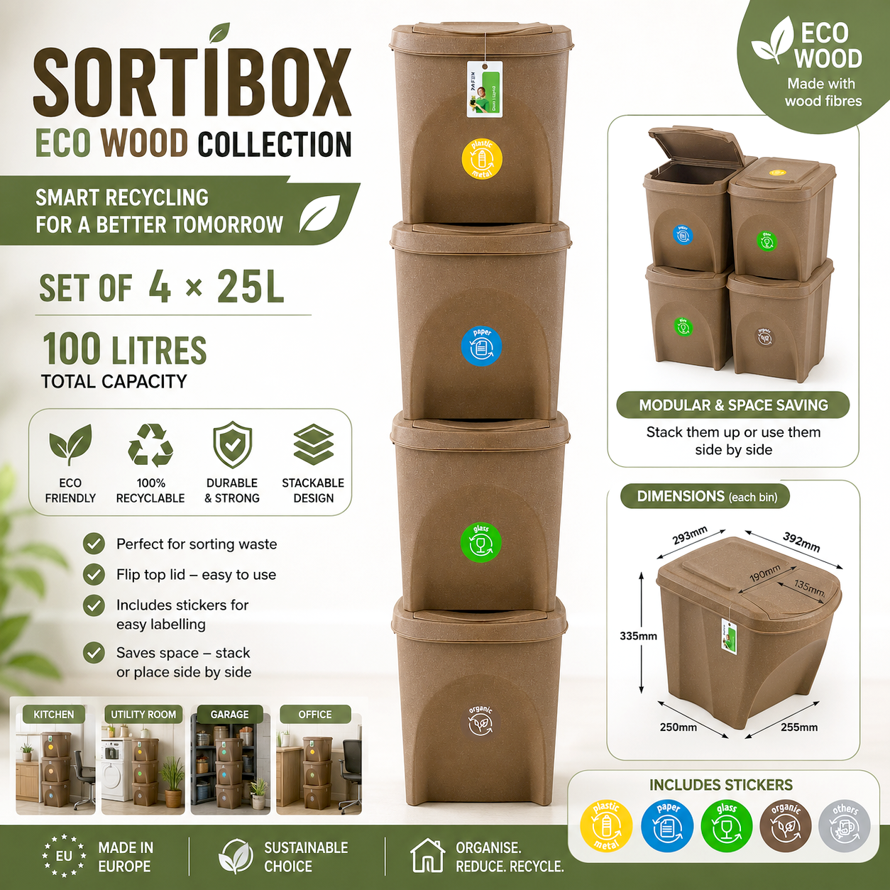 Sortibox Eco Wood 4 x 25L Stackable Recycling Bins Waste Bin Set Brown 100L