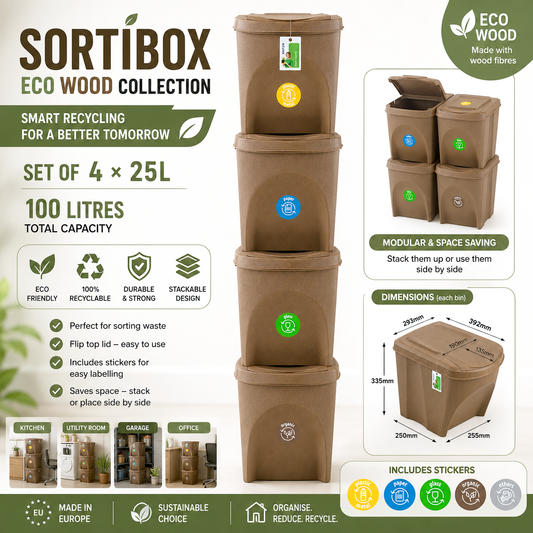 Sortibox Eco Wood 4 x 25L Stackable Recycling Bins Waste Bin Set Brown 100L