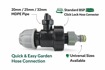 MDPE Pipe Valve Tap Connector 20 25 32mm Garden Hose BSP Click Lock