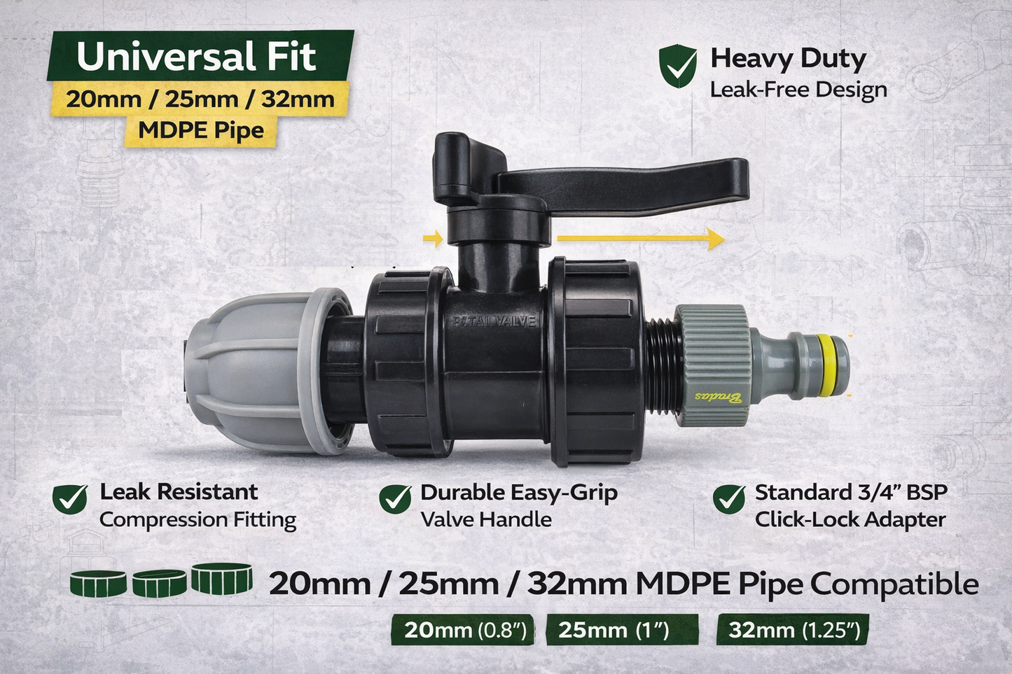 MDPE Pipe Valve Tap Connector 20 25 32mm Garden Hose BSP Click Lock