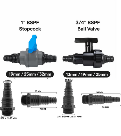 Pond Valve 3/4" 1" BSPF Stopcock or Ball Valve Kit 13 19 25 32mm Hose