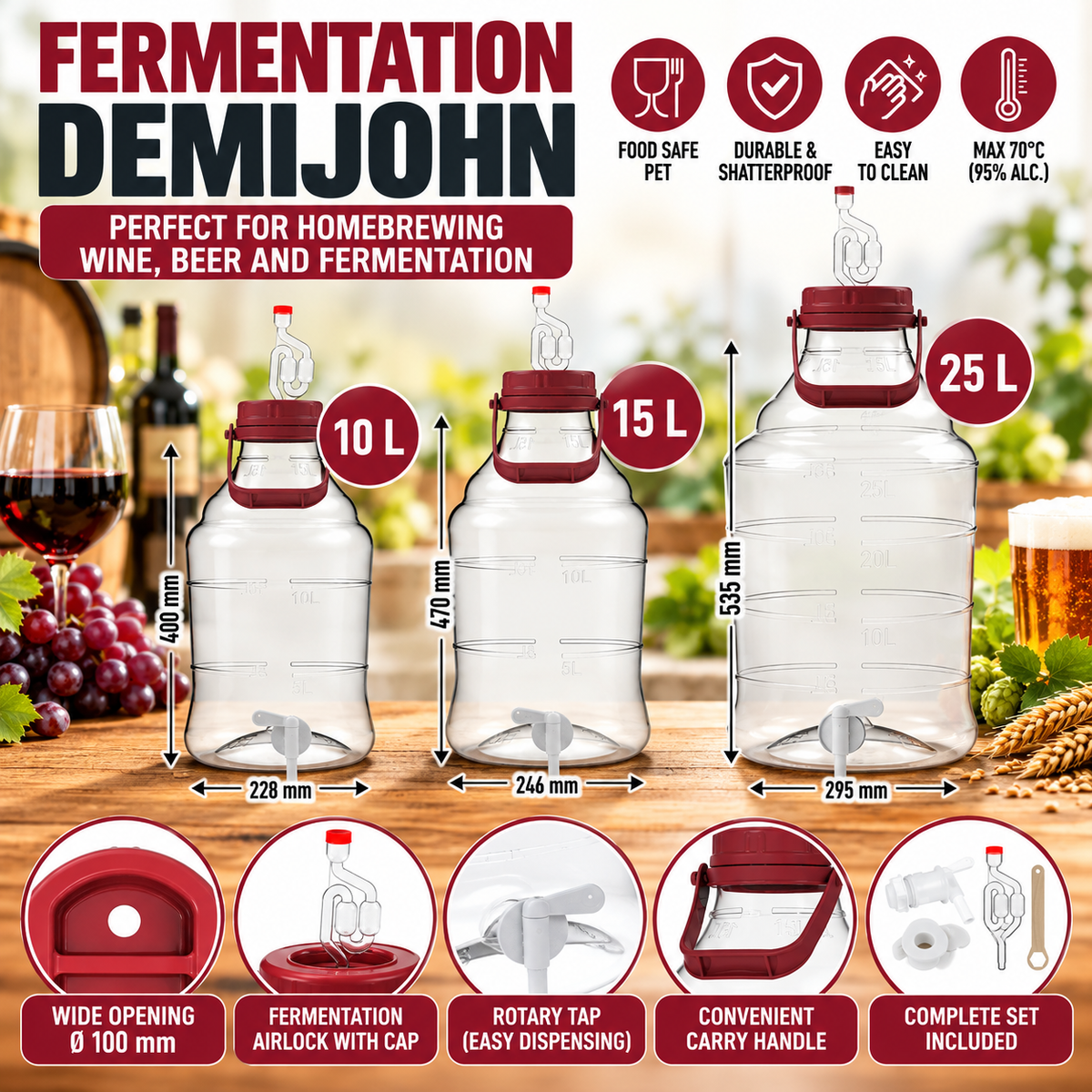 10L 15L 25L PET Fermentation Demijohn Wine Beer Home Brew with Tap & Airlock
