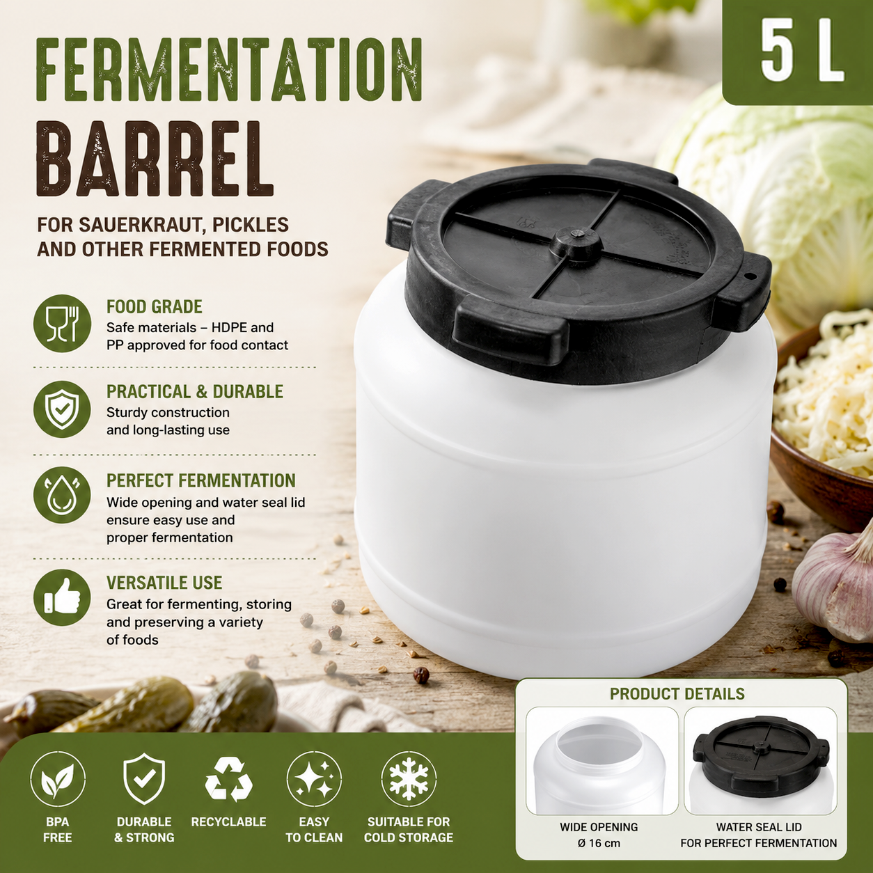 5L Pickling Barrel Food Grade HDPE Fermentation Container with Screw Lid