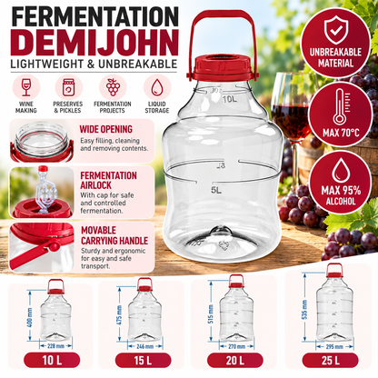 10L 15L 20L 25L Fermentation Demijohn Wine Making PET Airlock Wide Neck