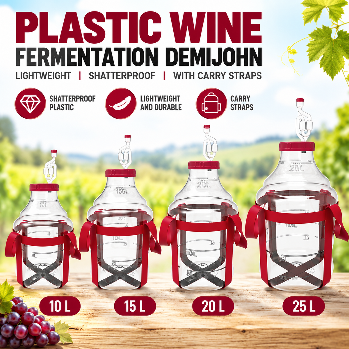Plastic Wine Fermentation Demijohn 10L 15L 20L 25L PET with Straps & Airlock