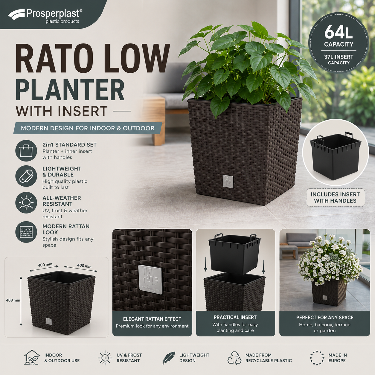 64L Rattan Effect Square Planter with Insert 40cm Garden Flower Pot Umbra